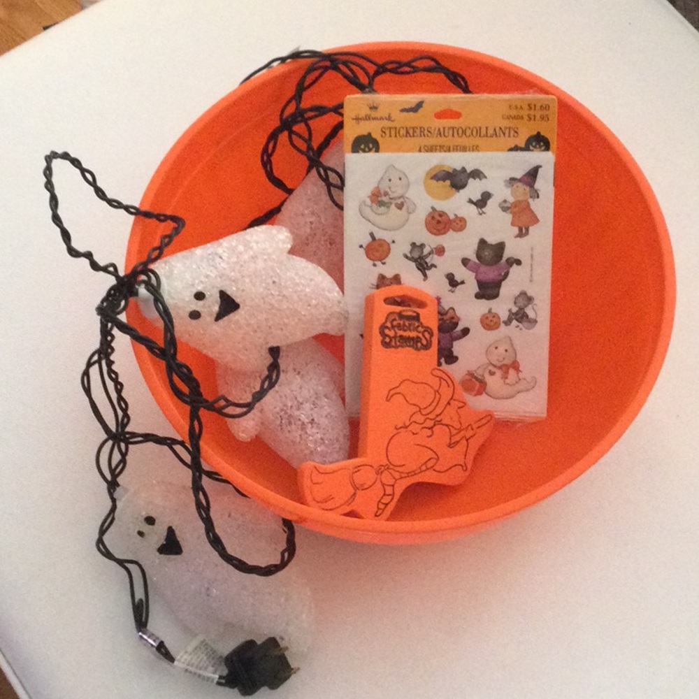 Halloween Decor Set - Treat Bowl, Witch Stamp, Stickers & Ghost String Lights